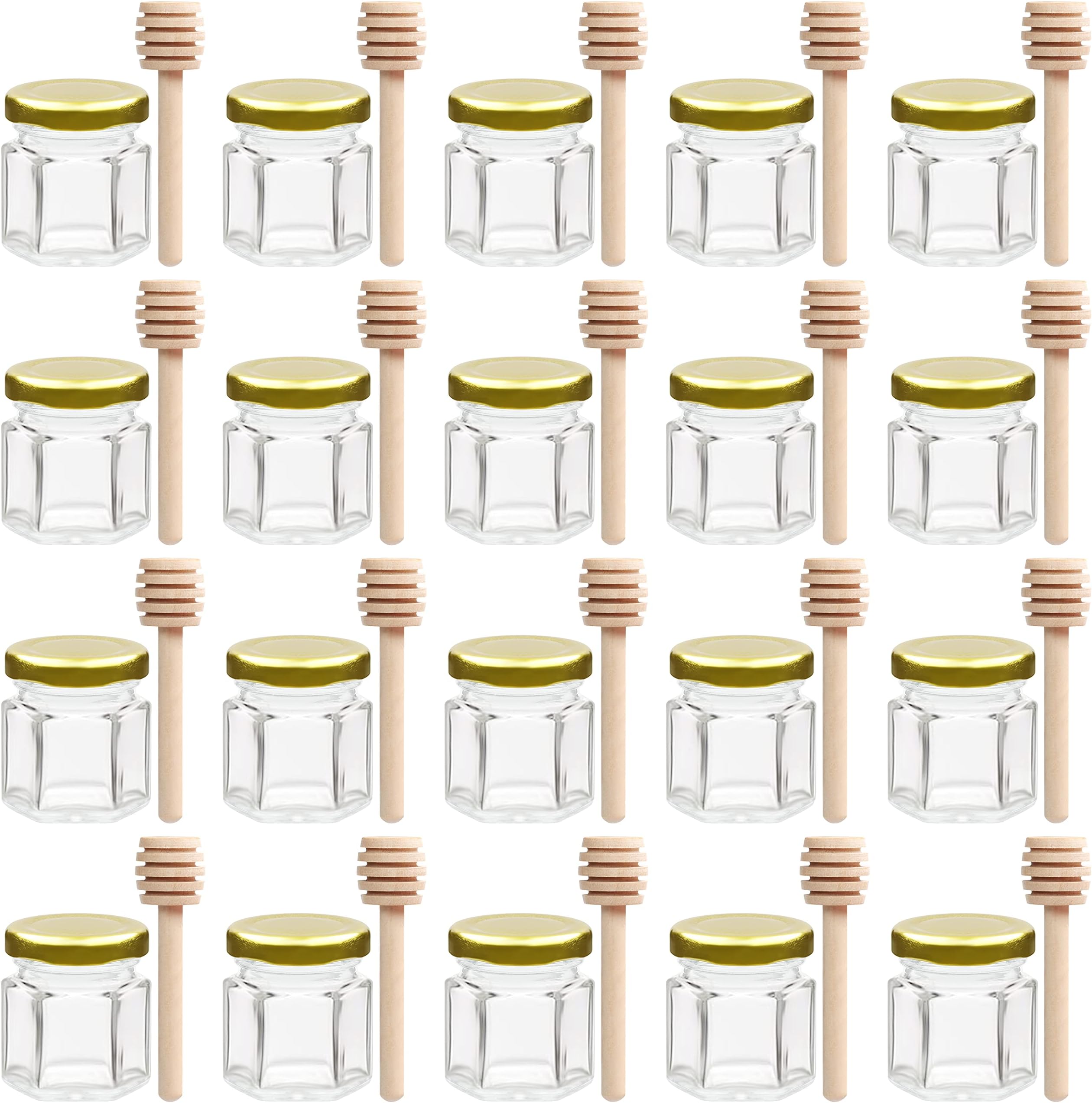BELLE VOUS 20 Pack Hexagonal Glass Honey Jars with Lid & Wooden Dipper - 40ml/1.4oz Mini Pots - Mason Jar for Foods, Jams & Spices - Baby Shower, Wedding & Party Favors