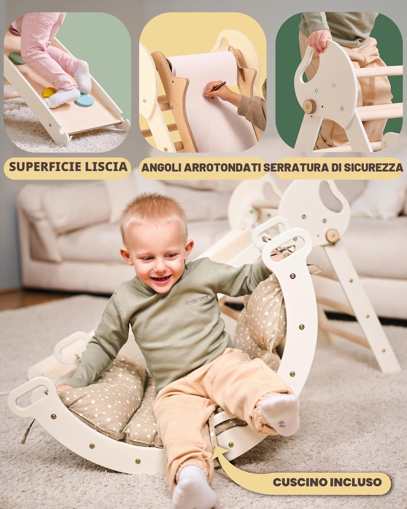 Goodevas 5-in-1 Struttura da Arrampicata per Interni in Legno con Scivolo – Triangolo Montessori per Bambini da 1 Anno, Parco Giochi per Interni, Giocattolo da Arrampicata per Bambini Triangolo