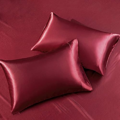 Miniatura 3 de SiinvdaBZX - Juego de sábanas de satén de tamaño individual, 3 piezas ultra sedosas, suaves, de satén borgoña con bolsillo profundo, 1 sábana