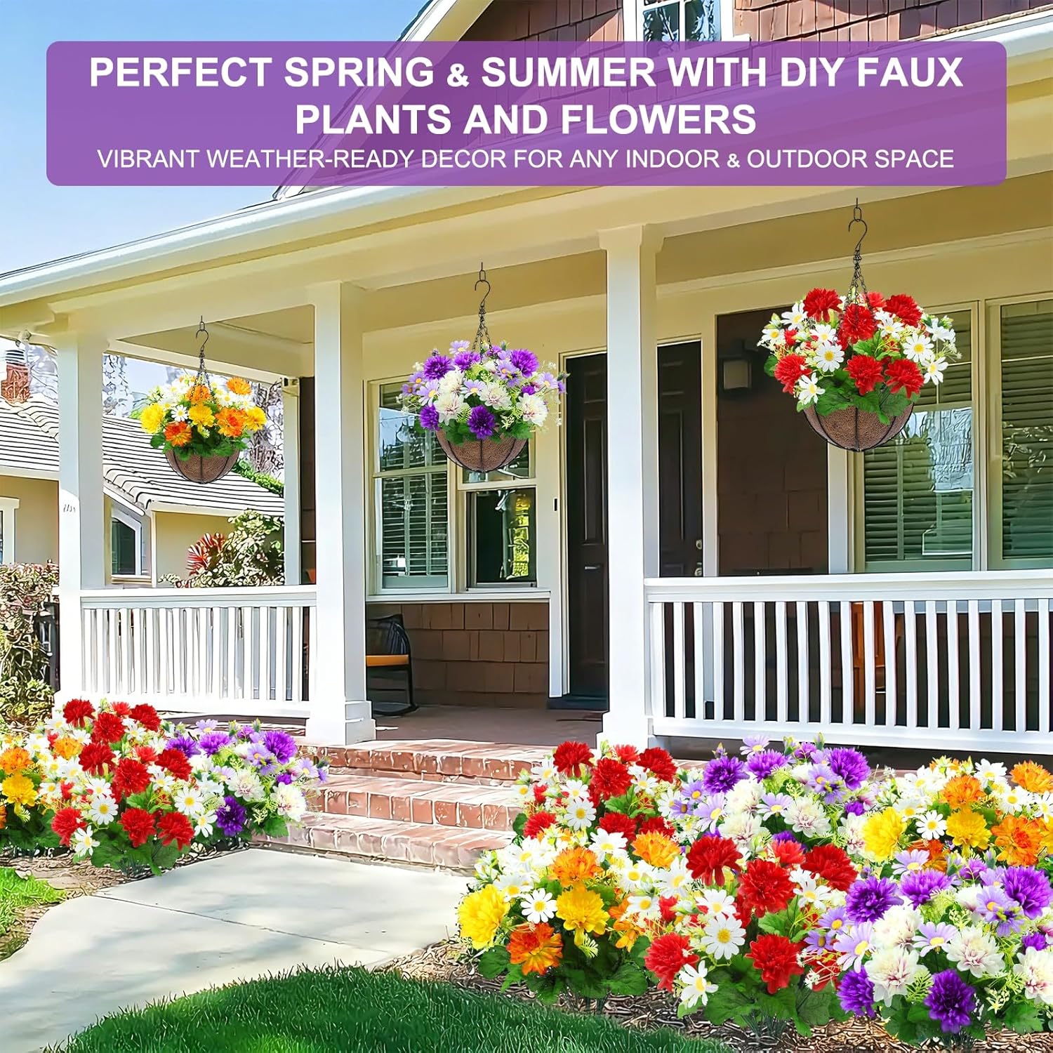 44 Heads Artificial Flowers for Outdoors, 4 Bunches 17 Inch Dahlia Daisies Mum Fake Plants UV Resistant Faux Flowers Bouquet Cemetery Flowers for Grave Outside Indoor Home Spring Summer Decor (Purple)