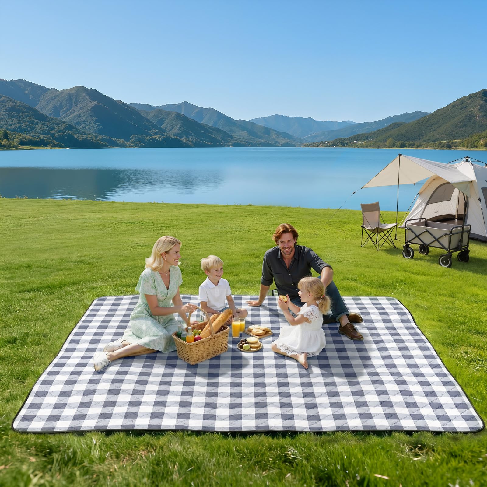 TigeJoy Extra große Picknickdecke, wasserdicht, Stranddecke, 203 x 203 cm | Outdoor-Picknickmatte, sanddicht, für Park, Strand, Gras, Reisen, Wandern, Camping-Essentials, Gingham-Picknickdecke, faltbar