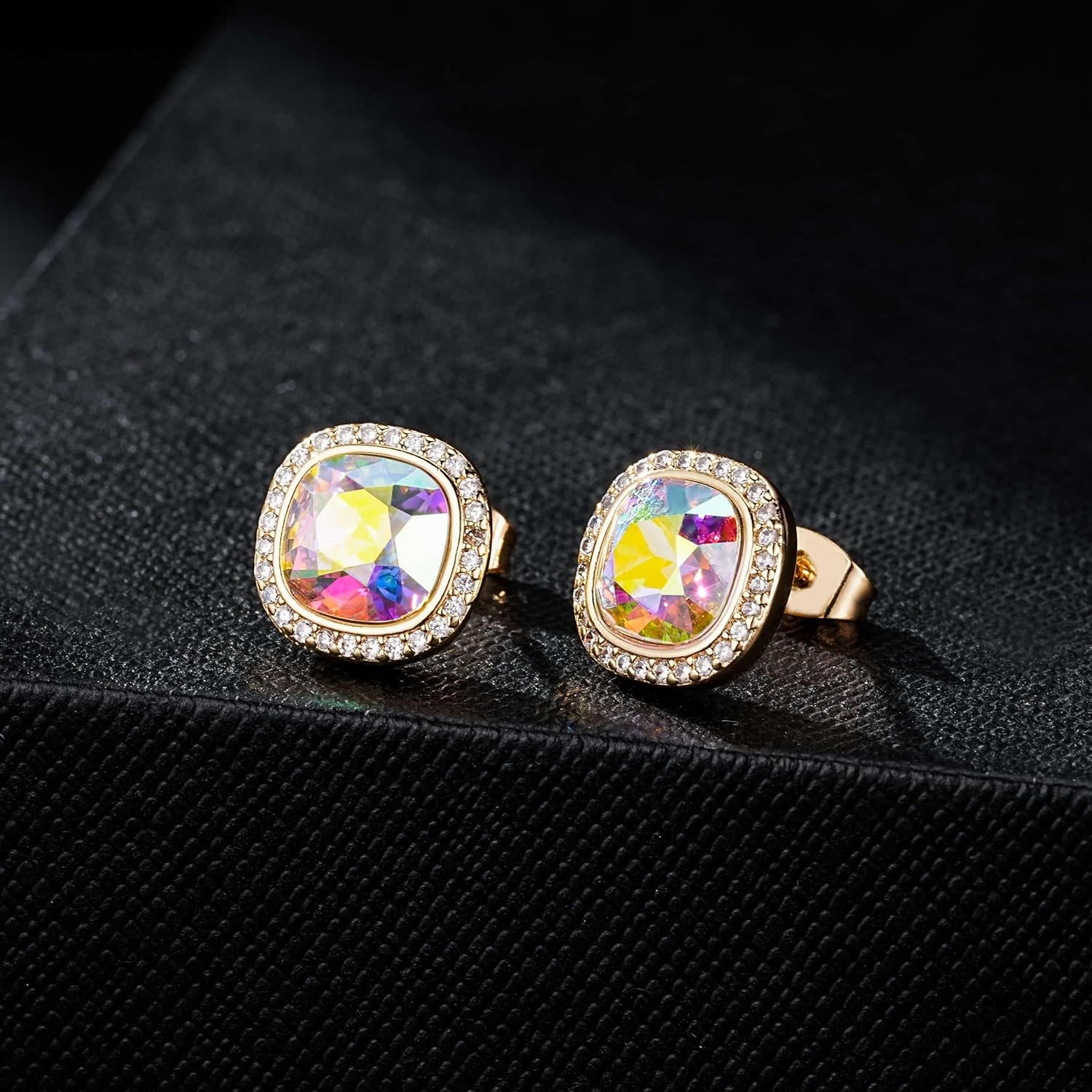 EVEVIC Austrian Crystal Halo Square Stud Earrings for Women 14K Gold Plated Birthstone Earring Hypoallergenic Jewelry Gifts - Image 5