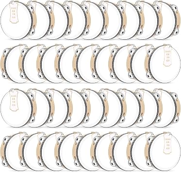 36 Set 6 Inch Tambourines Bulk for Adults Christmas Bulk Wooden Hand Held Drum with Metal Jingles, Tags, Tambourine Gift Musical Instrument for Church Wedding Party FavorWhite Style