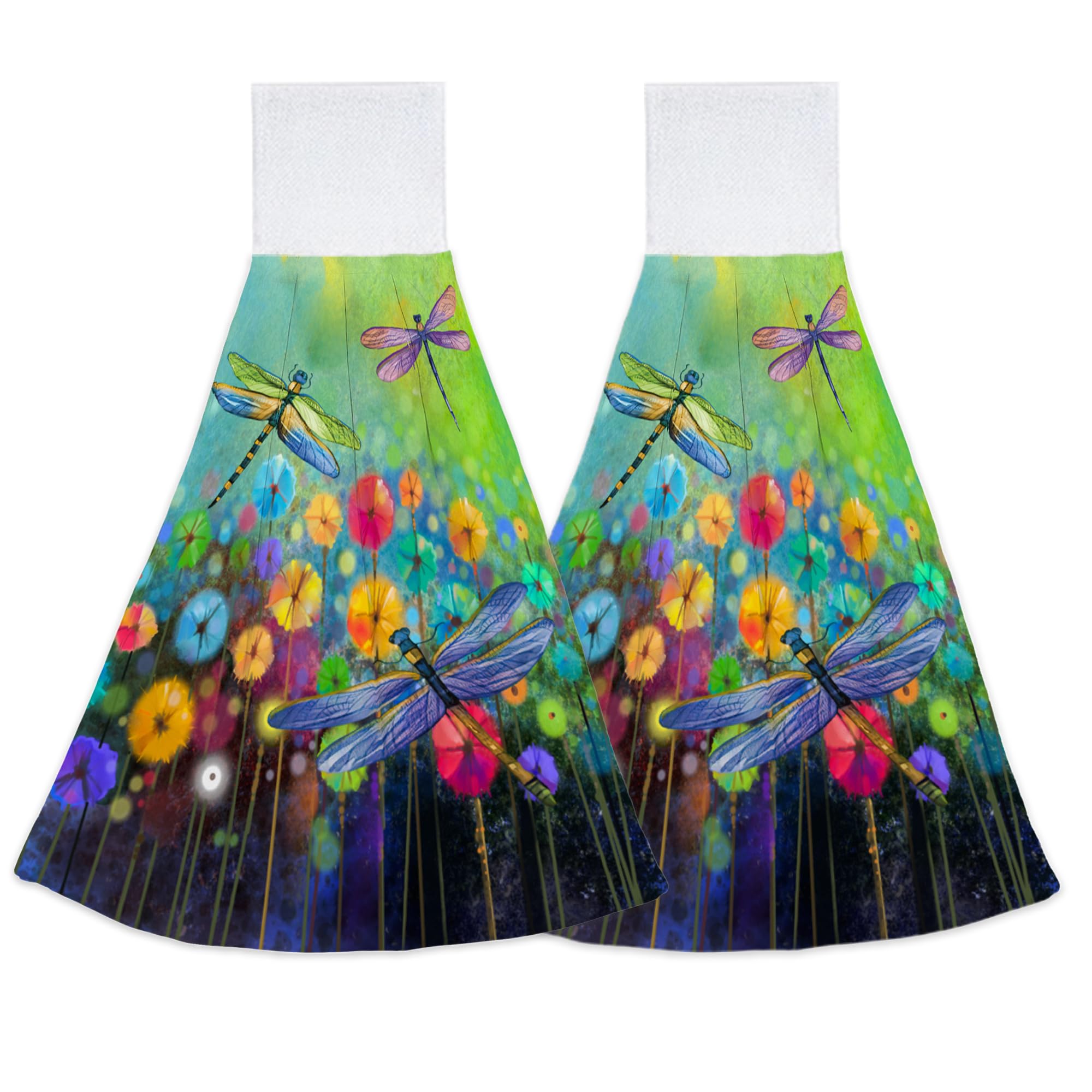 Elightvap 2PCS Abstract Flower Hanging Kitchen Towel Watercolor Dragonfly Hand Towels Soft Coral Velvet Loop Dish Towel for Bathroom Washcloth