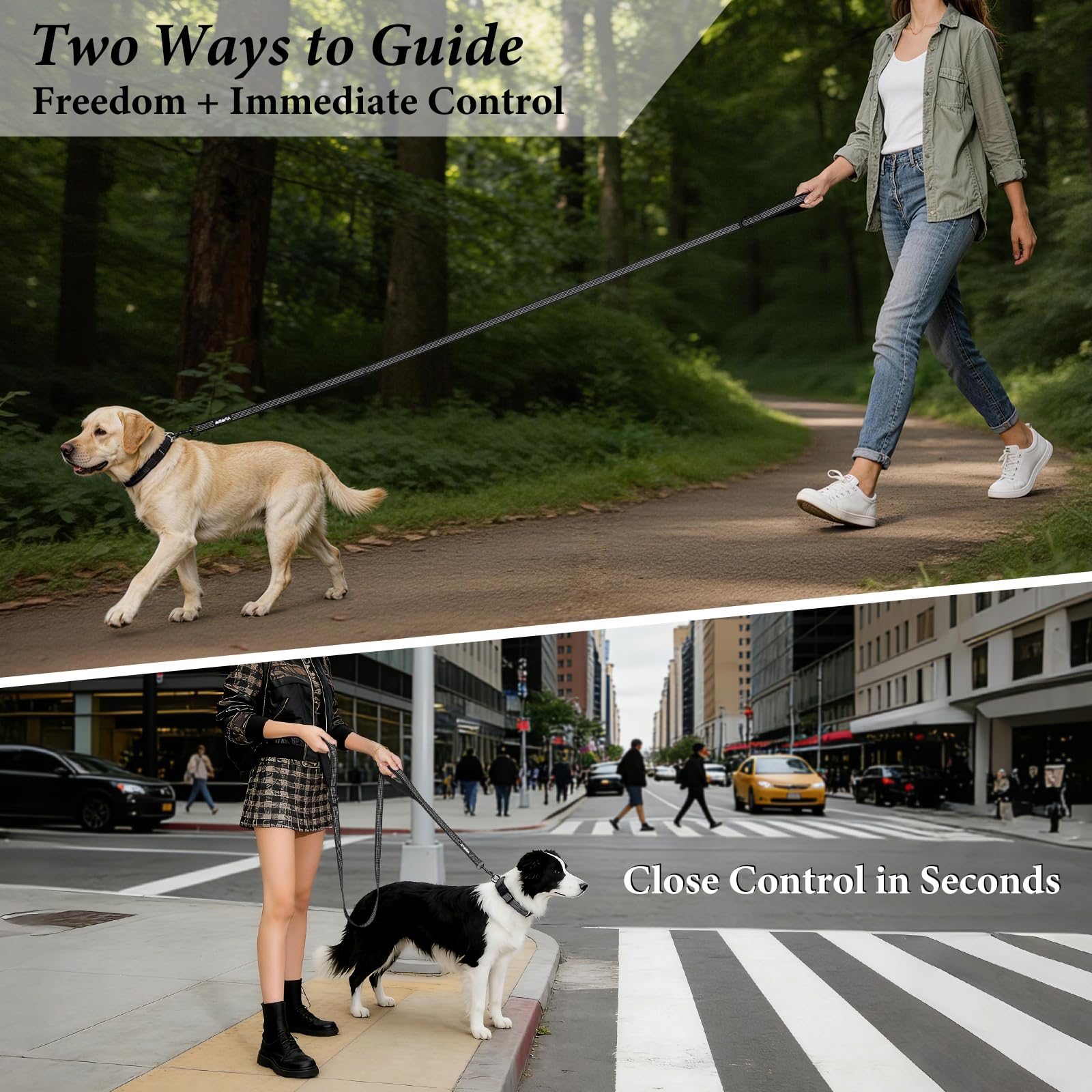 Double Handle Dog Leash 6 FT Reflective 2 Handle Traffic Lead with Padded Grip, Heavy Duty Nylon Leash for Walking Training, for Small Medium Large Dogs, Black - 2