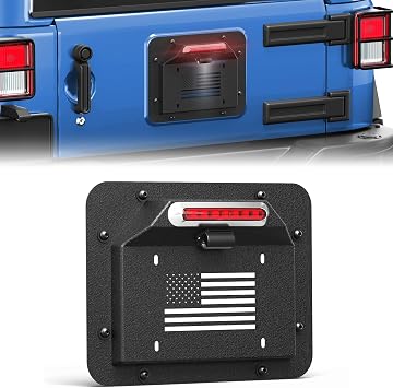 Jeep License Plate Frame with Brake Light & Plate Light, Fits 2007-2018 Jeep JK JKU Wrangler, Carbon Steel, Powder-Coated, USA Flag Design, Spare Tire Delete Kit