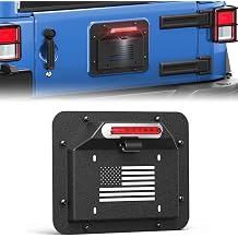 Jeep License Plate Frame with Brake Light & Plate Light, Fits 2007-2018 Jeep JK JKU Wrangler, Carbon Steel, Powder-Coated, USA Flag Design, Spare Tire Delete Kit