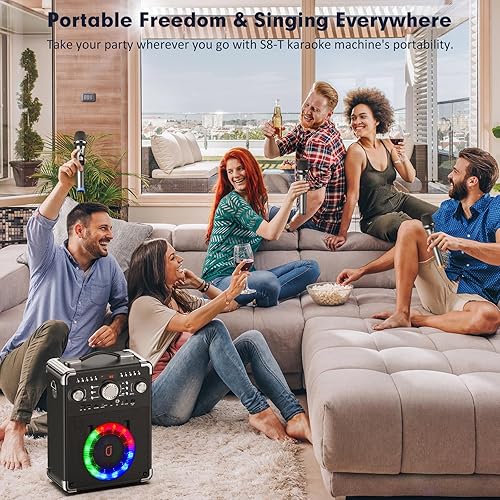 Miniatura 5 de Máquina de karaoke S8-T con 3 micrófonos inalámbricos, máquina de karaoke portátil para fiesta, TWS Wirelss Kareokee PA System Party Speaker con