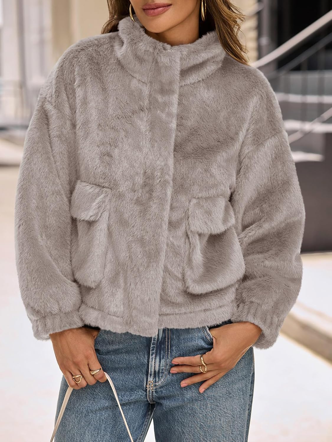 Tankaneo Womens Cropped Faux Fur Coat Fleece Stand Collar Zip Up Jacket 2025 Winter Warm Outerwear - Image 3