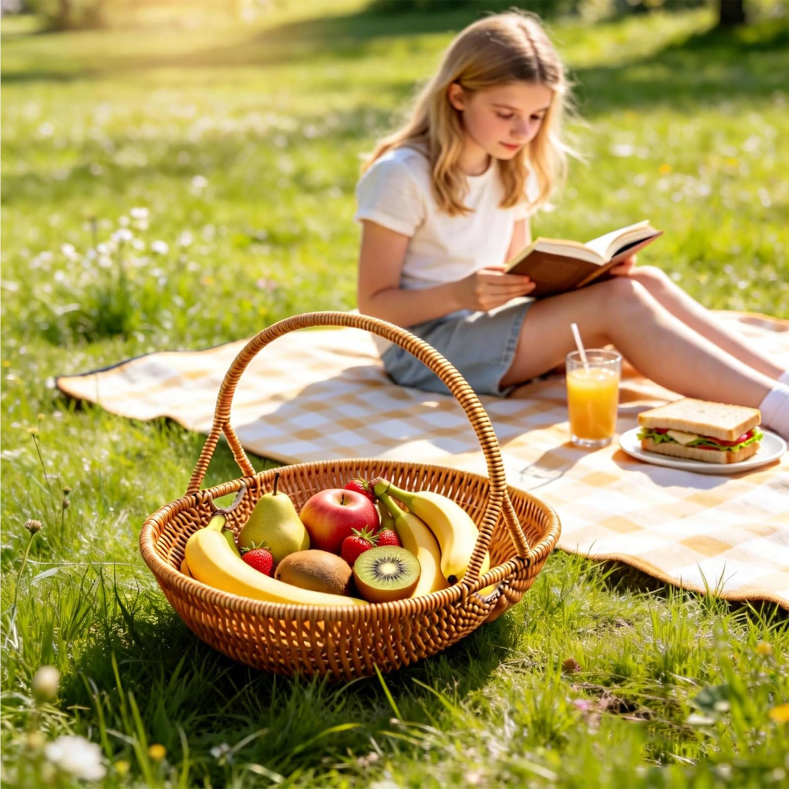 Geflochtener Korb aus PP-Kunststoff, Picknickkorb, Erntekorb für den Außenbereich zum Sammeln von Gemüse, multifunktionaler Aufbewahrungskorb für Obst und diverse Gegenstände(Set(S＋m＋l))