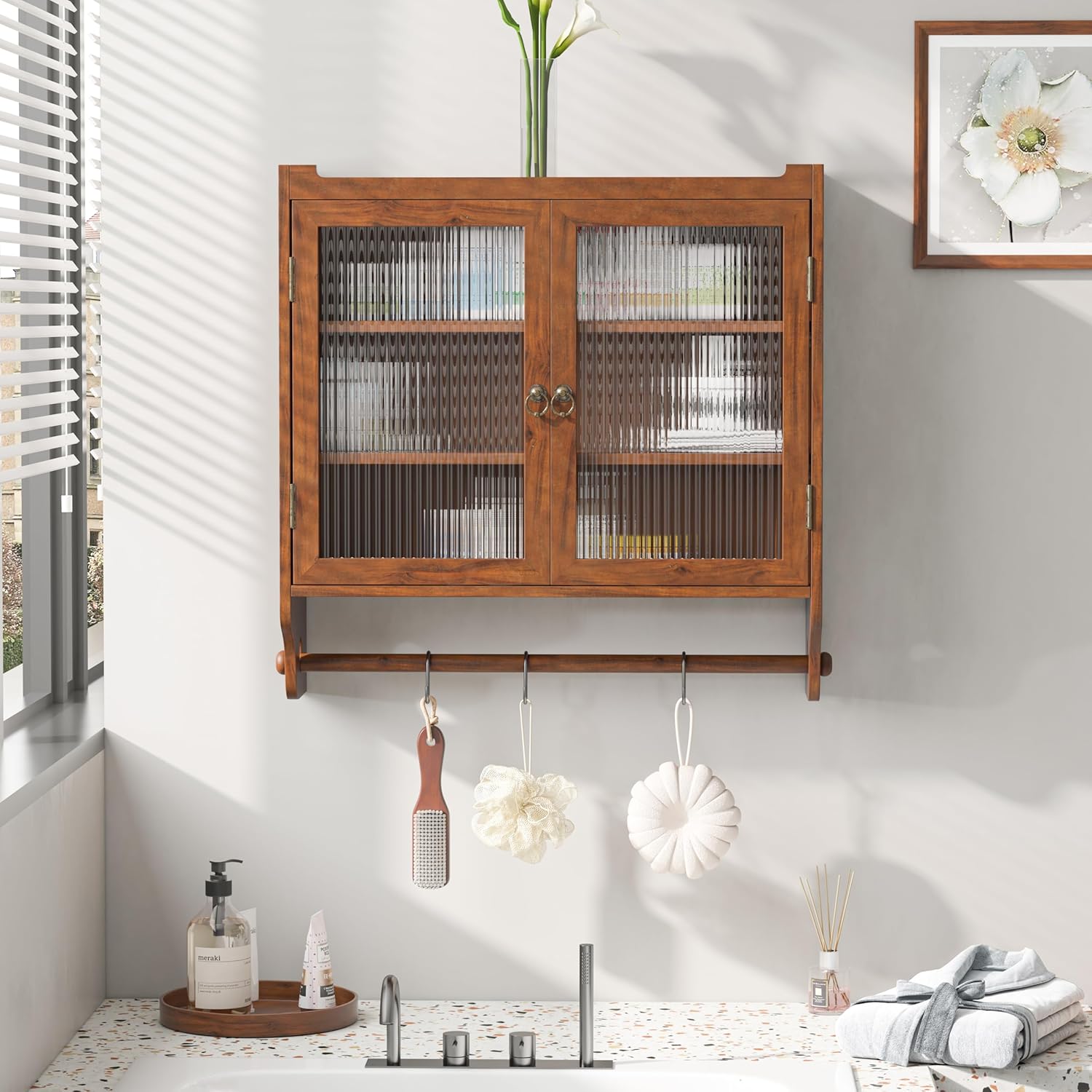 Retro Style Haze Double Glass Door Wood Wall Cabinet with Detachable Shelves for Office, Dining Room,Living Room, Kitchen and Bathroom Natural