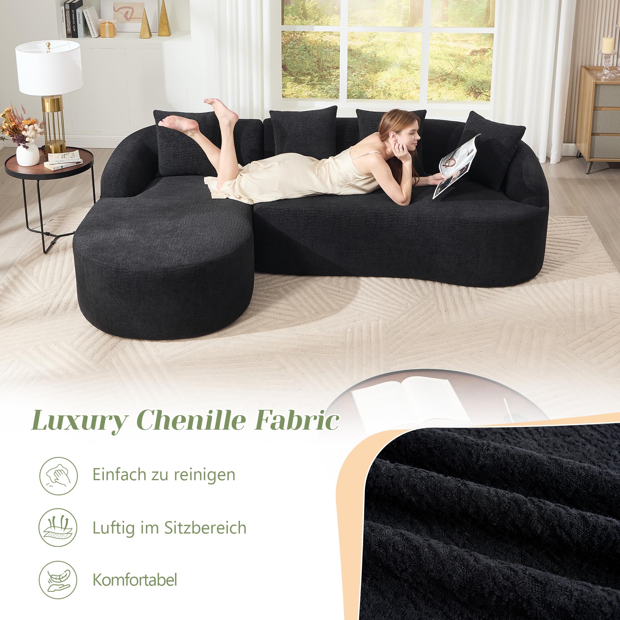 Sofá curvo modular de 243 cm, en forma de L, chenilla, color negro