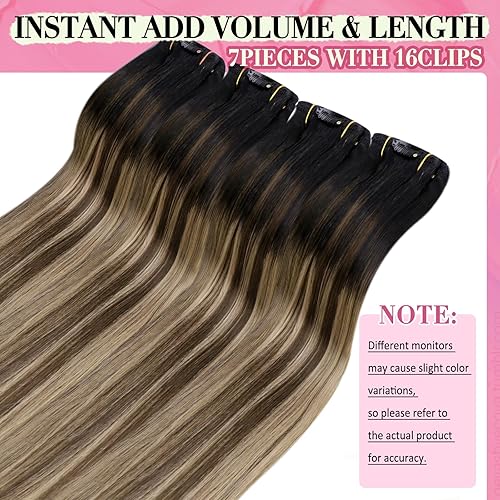 Miniatura 5 de YoungSee Extensiones de cabello humano real con clip, de color negro a marrón con rubio caramelo, extensiones de cabello con clip, extensiones de