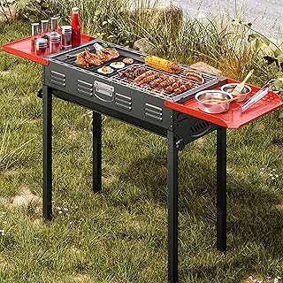 شواية فحم كبيرة محمولة، شواية قابلة للطي، شواية للتخييم مع صينية شواء، رف تخزين وشبكة شواء للحديقة والفناء الخلفي والحفلات والنزهات والسفر والاستخدام في الهواء الطلق والطبخ (أسود وأحمر) من اوتويسور