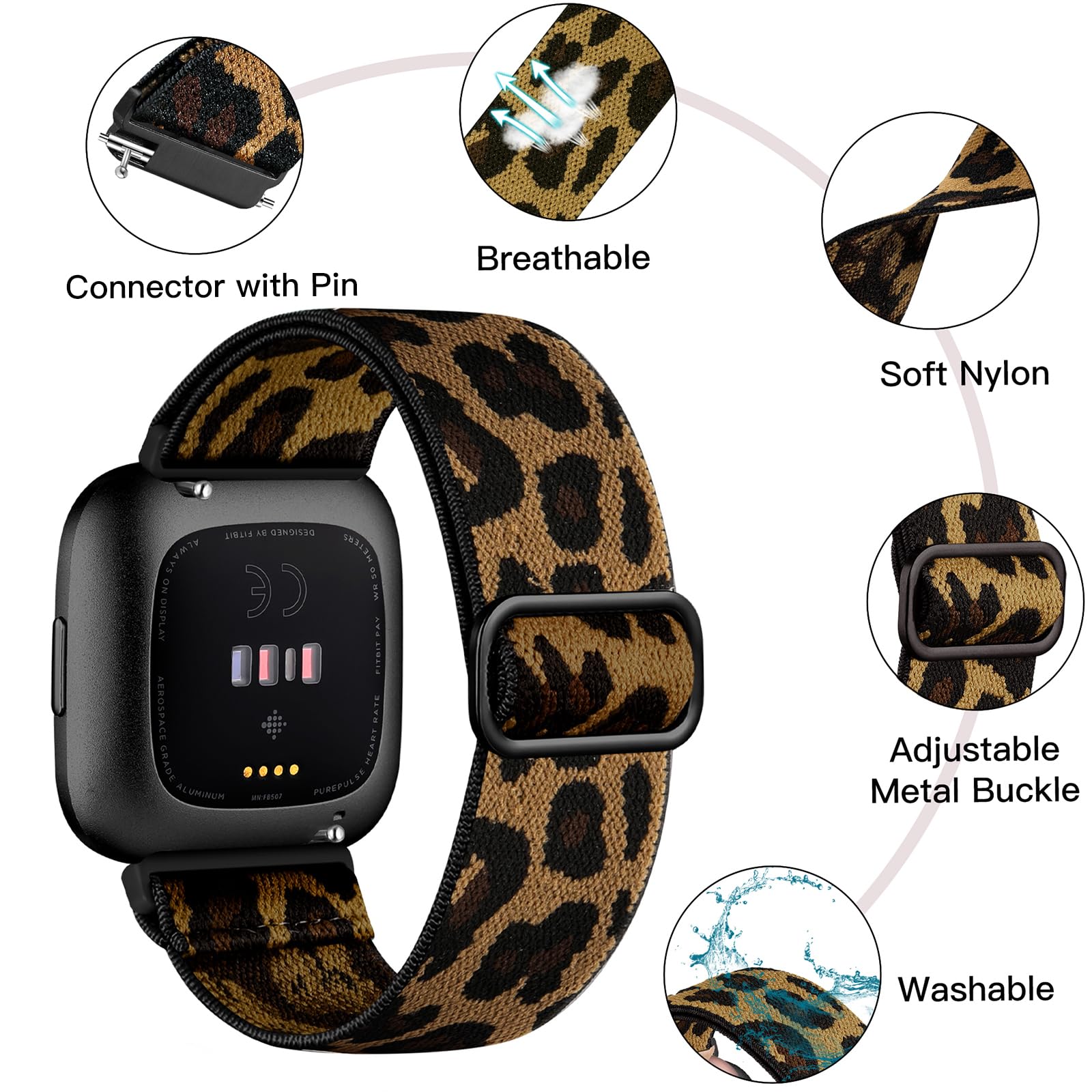 Fuleda Adjustable Elastic Bands Compatible with Fitbit Versa  Versa/Versa Lite, Soft Stretch Braided Weave Nylon Sport Breathable Band