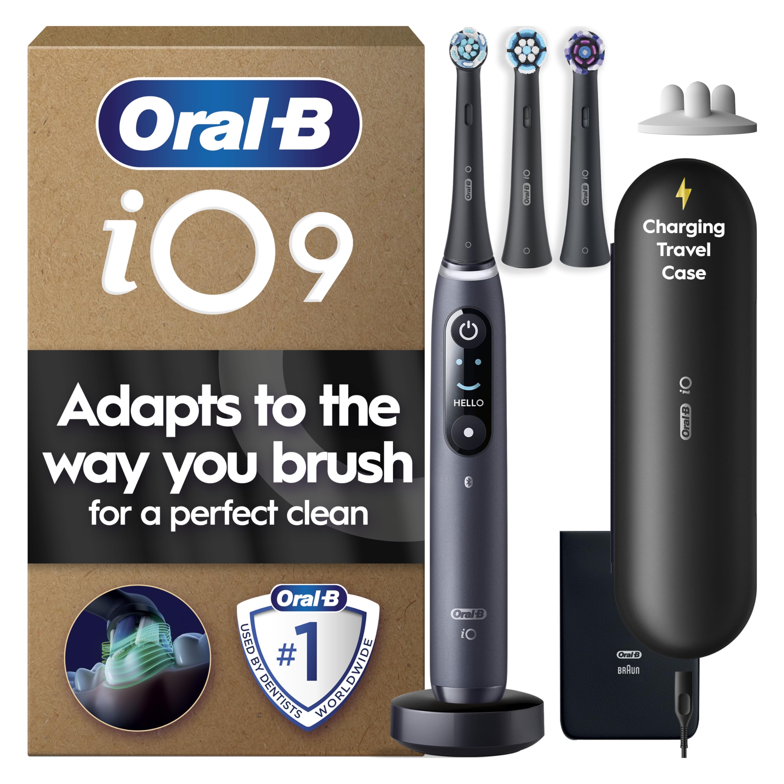 Oral-B iO9 Electric Toothbrush for Adults, Black, App Connected Handle, 7 Cleaning Modes, Includes 3 Brush Heads, Charging Travel Case and Head Holder, Long-Lasting Battery for Home Travel, 2 Pin Plug