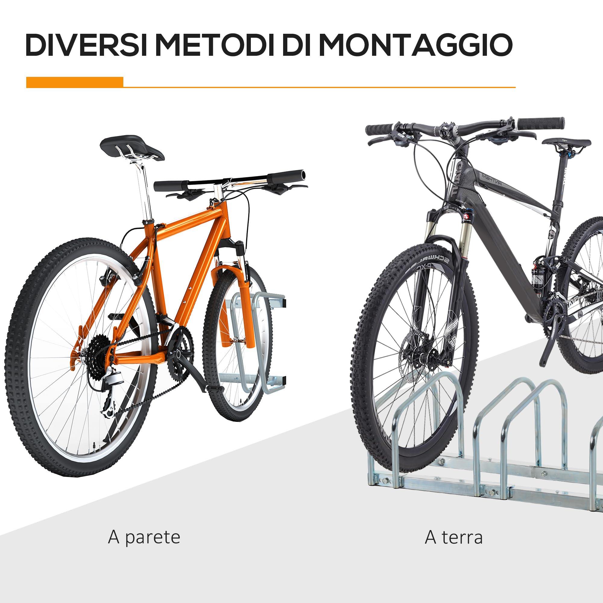 HOMCOM Rastrelliera Biciclette da Pavimento o Parete, Portabici da Terra per 6 Biciclette in Acciaio, Ruote Fino 65 mm, 179x33x27 cm, Argento