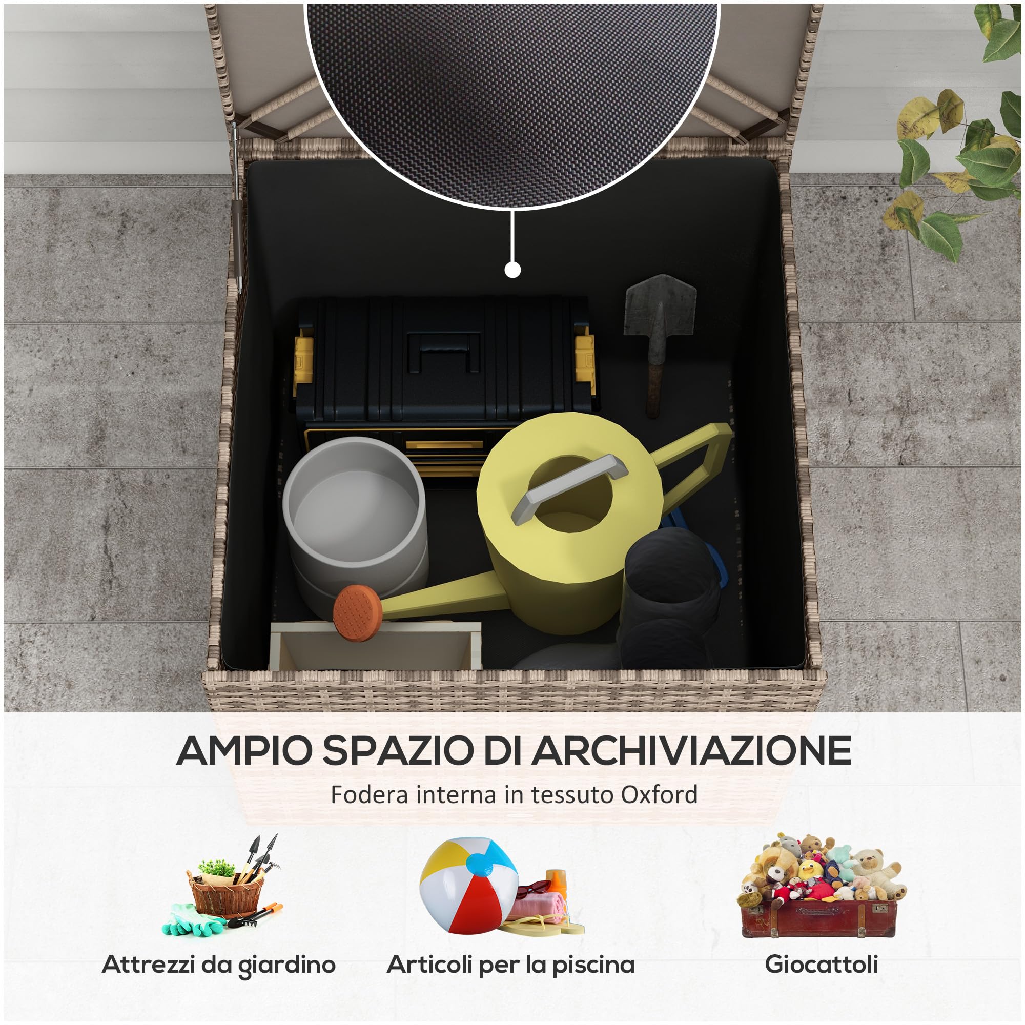 Outsunny Baule da Esterno in Rattan PE, Acciaio e tessuto Oxford, Panca Contenitore con Fodera Interna e Barra Pneumatica, 75x75x70 cm, Nero e color Sabbia