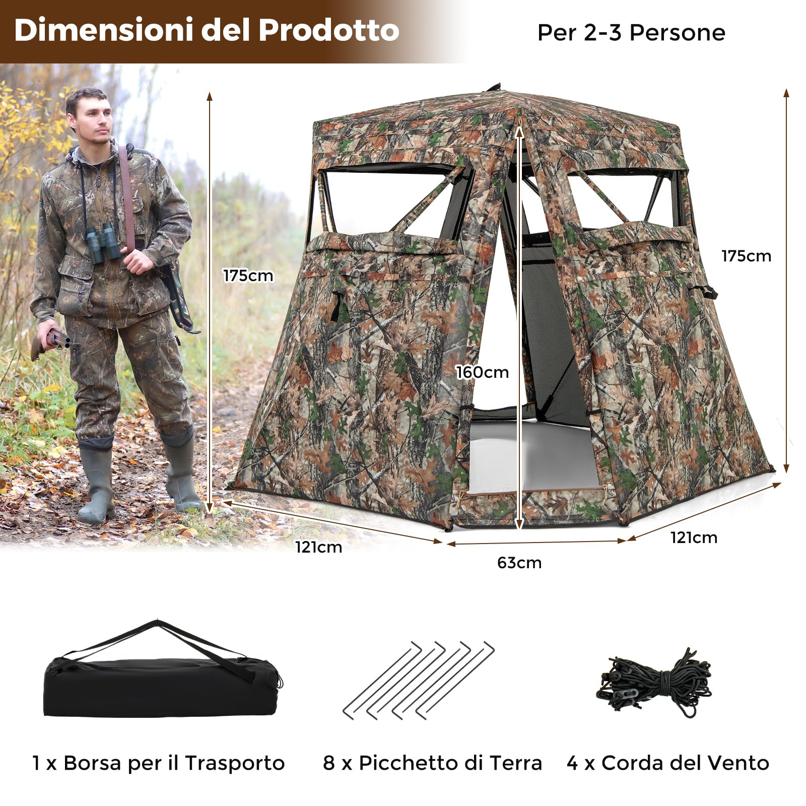 GYMAX Tenda da Caccia 2 in 1, Tenda da Caccia per 2-3 Persone, Tenda da Caccia Trasparente a 360° con Borsa da Trasporto e Porta Completamente Apribile, Tenda Mimetica Pieghevole