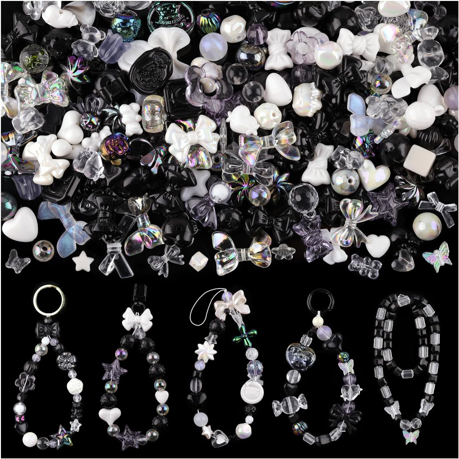 170-230PCS Black Assorted Acrylic Beads for Bracelet Making, Flower Bow Butterfly Candy Star Heart GummyBear Aesthetic Bracelet Charms,Cute Beads for Jewelry Making DIY Necklace Keychain Phone Charms