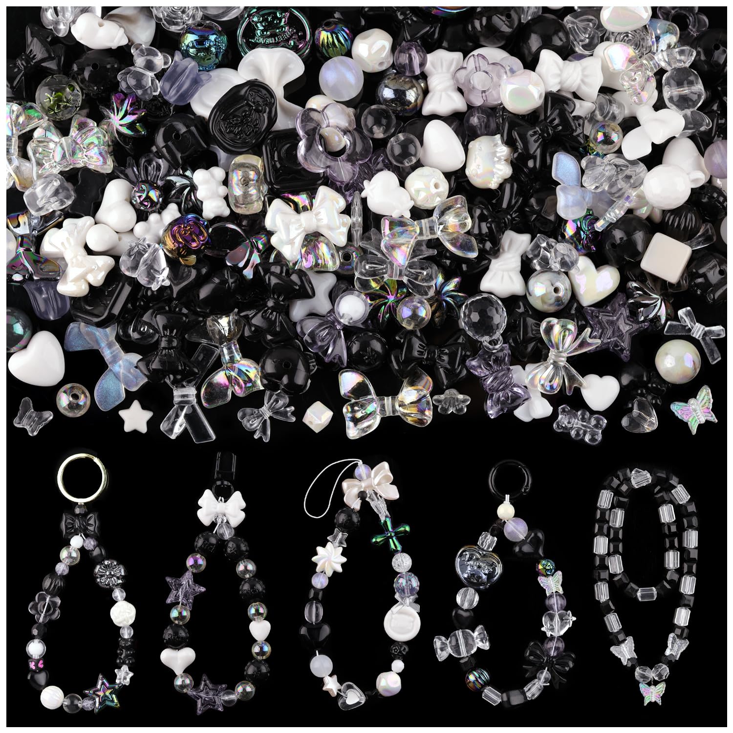 Assorted 170-230PCS Black Acrylic Beads for Bracelet Making, Flower Bow Butterfly Candy GummyBear Aesthetic Bracelet Charms,Cute Beads for Jewelry Making DIY Necklace Keychain Phone Charm