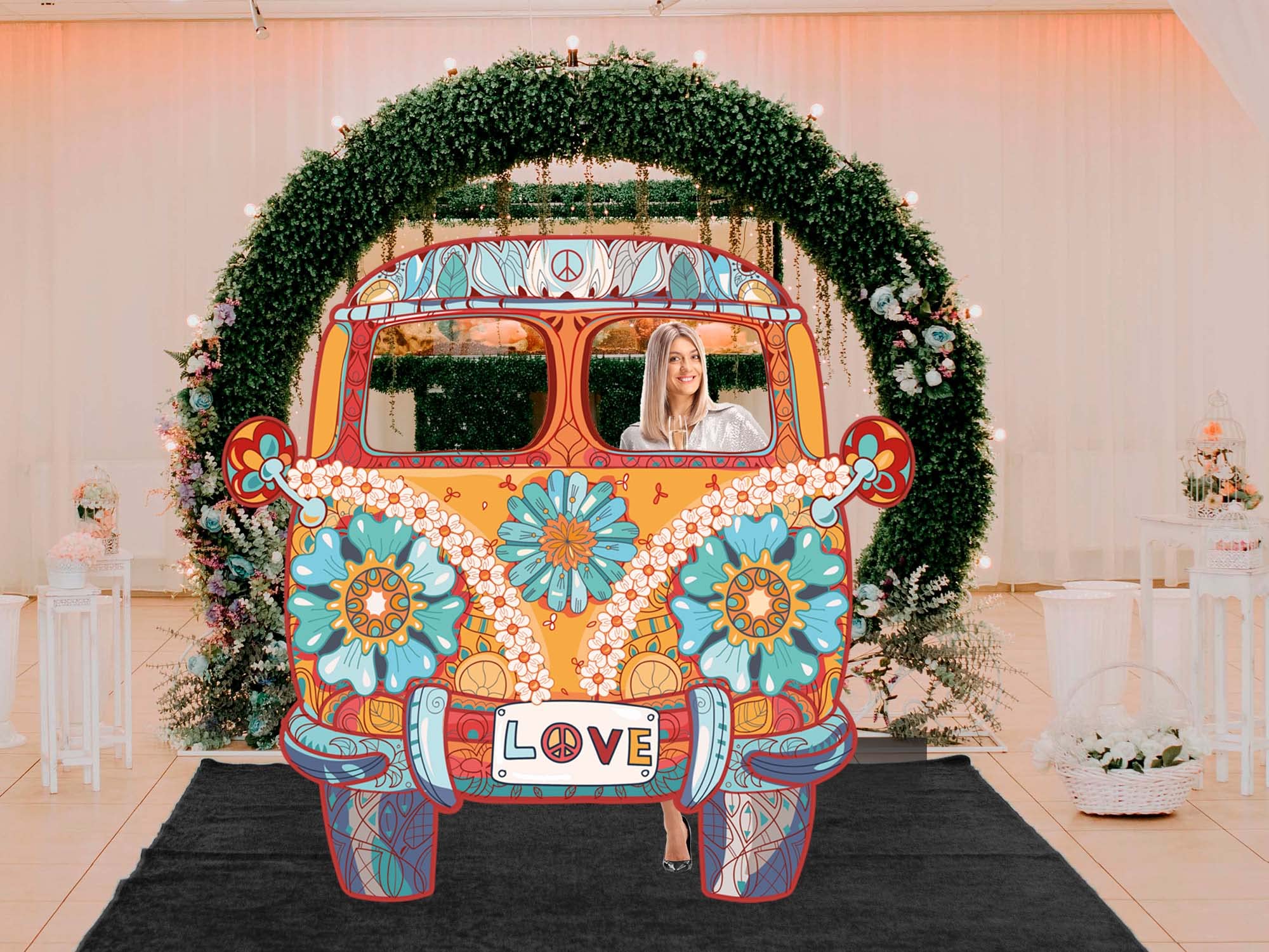 Photocall Furgo Hippie | 1,50 m x 1,56 m | Photocall idéal pour fêtes | Produit original
