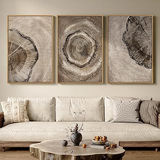 Framed Neutral Tree Ring Wall Art for Living Room, Large 3 Piece Vintage Nature Wood Stump Canvas Artwork for Walls, Rustic Tree Ring Paintings Prints for Bedroom Hallway Office Wall Decor, 24x36 Inch
