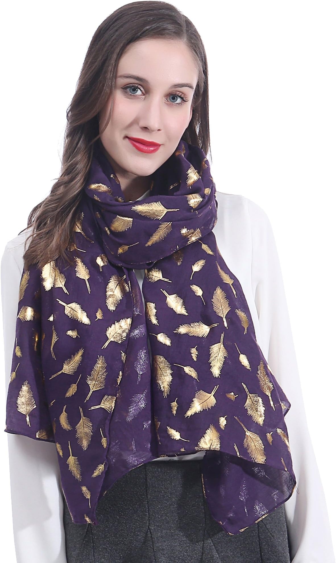 Lina & Lily Metallic Gold Silver Foil Feather Women's Scarf Shawl Wrap Lightweight