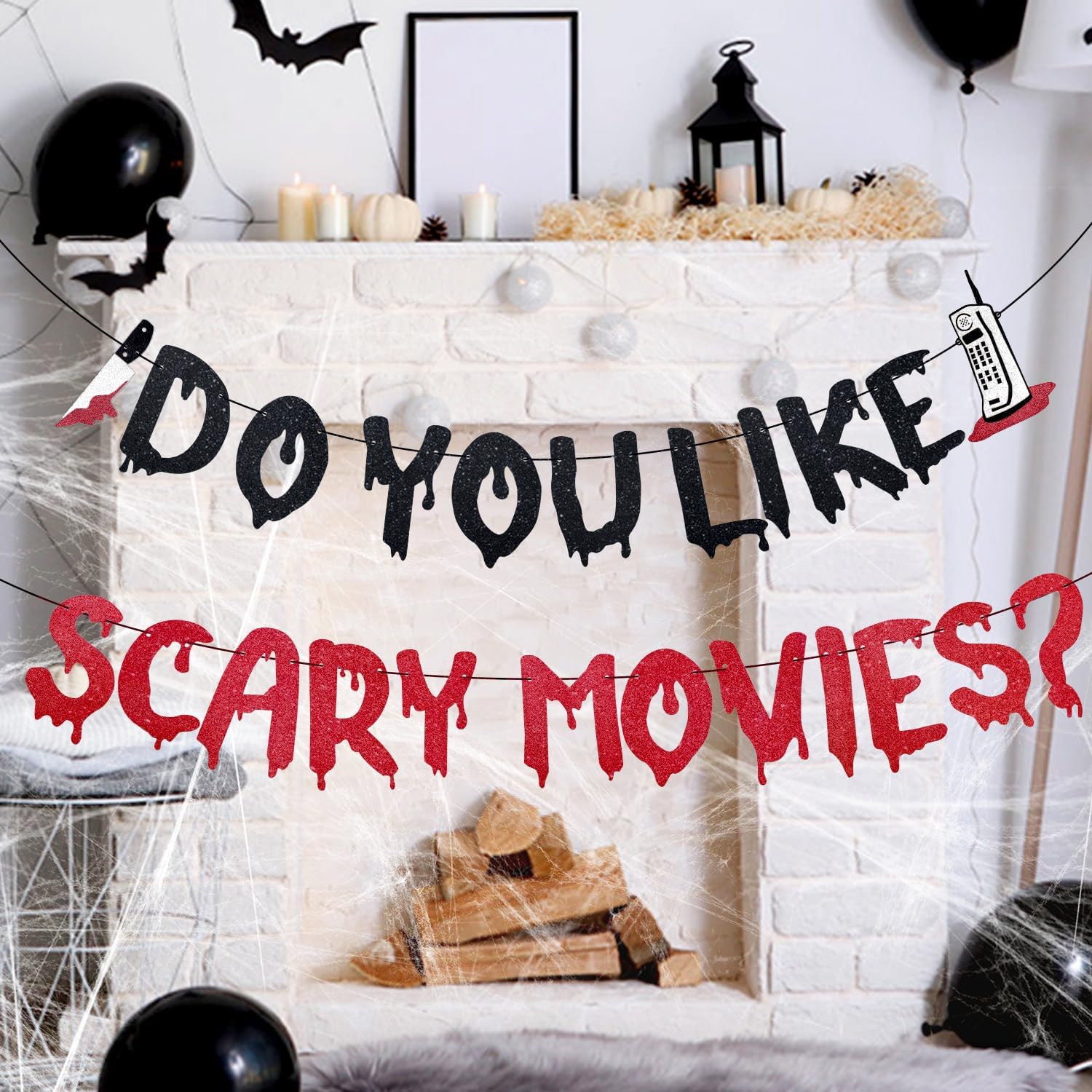 Halloween Banner, Glitter Do You Like Scary Movies Wall Banner Hanging Garland Creepy Horror Scream Movie Night Party Decorations for Halloween Themed Birthday Party Decoration Supplies
