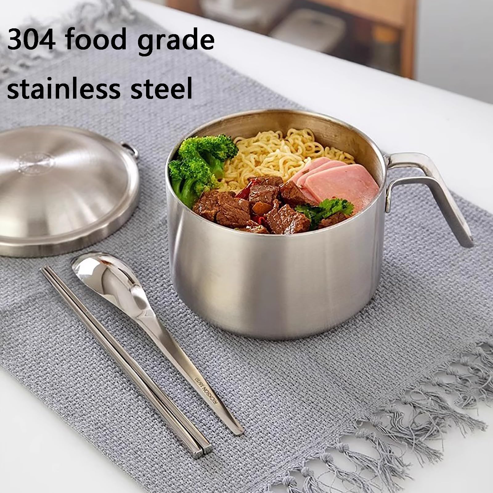Fiambreras Comida Trabajo, Lonchera, Lunch Box, Cuenco De Acero Inoxidable para Fideos Instantáneos con Tapa, Juego De Utensilios Incorporado, para El Trabajo, La Escuela O Un Picnic, 2170 Ml