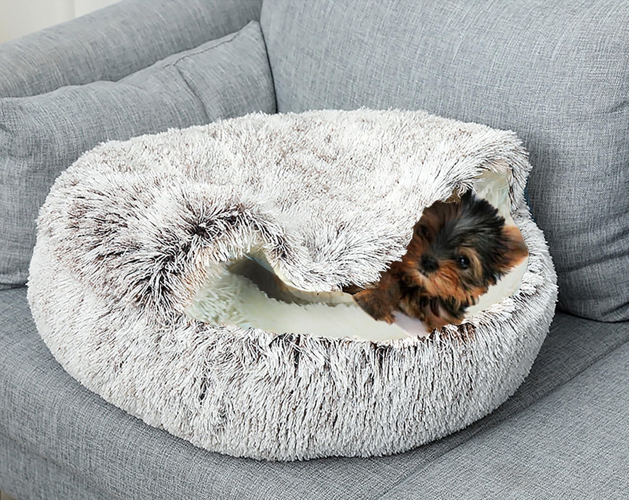 Kuscheliges Haustierbett für Hunde und Katzen, Anti-Angst-Plüsch, Flauschiger Bezug, Donut-Rund, 50,8 cm D, Kaffee, Polyester, Schichtkonstruktion