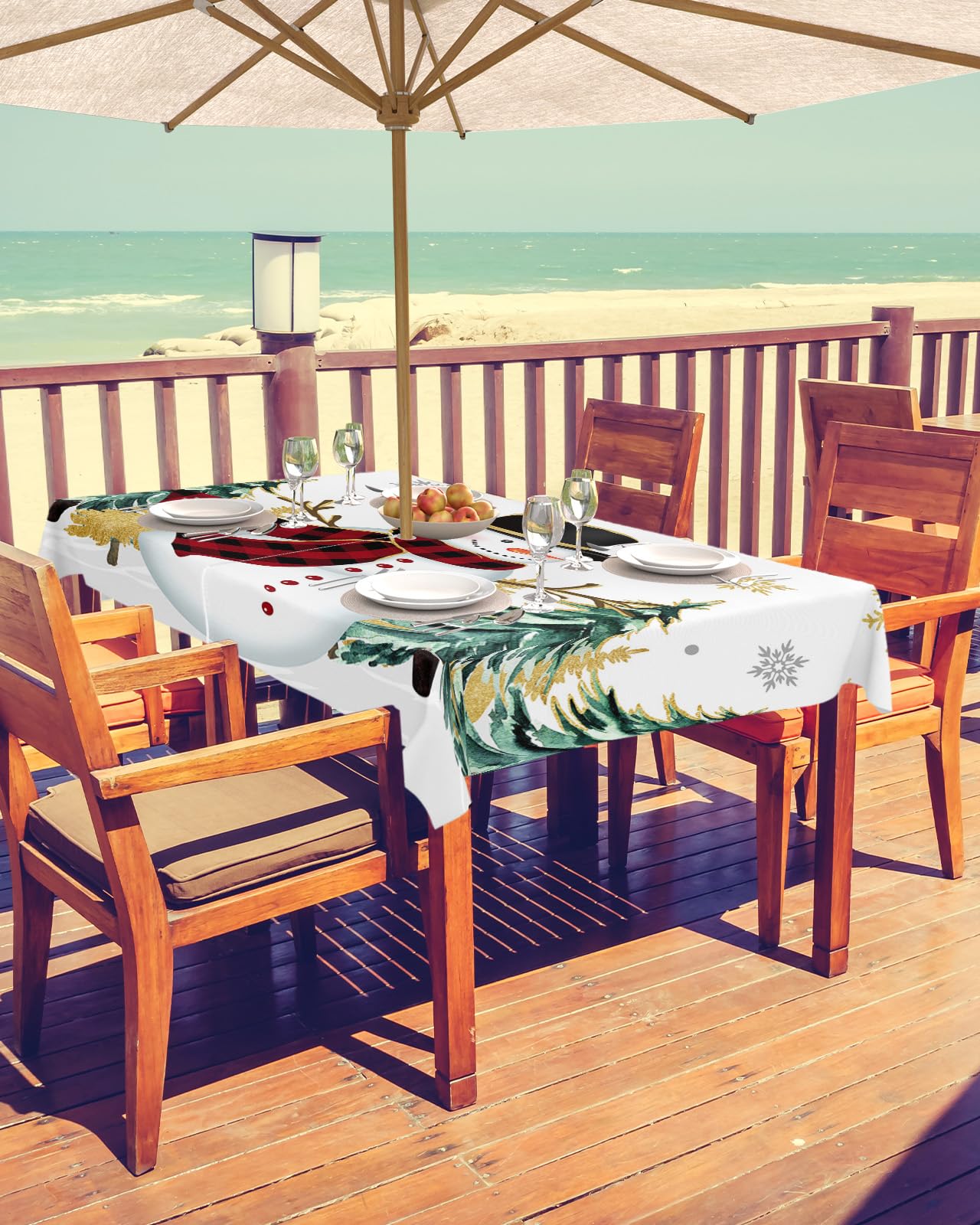 Homechoid Christmas Outdoor Tablecloths with Umbrella Hole and Zipper,Snowman Golden Grey Snowflake Pine Tree Waterproof/Stain Resistant Rectangle Table Cloth 52x70 Patio Table Cover for Picnic/Party