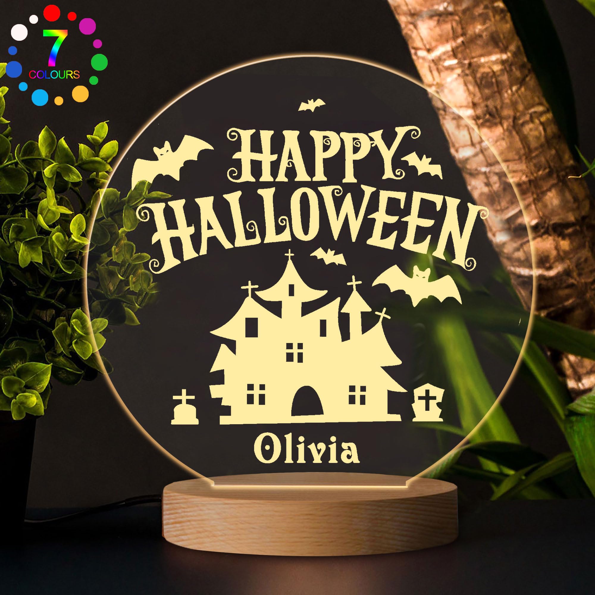 EDSG Personalised LED Night Light Lamp 7 Colors Halloween Light Bats Decoration Witch Night Light Table Light Pumpkin Ghost Bat Ornament Light for Bedroom, Bathroom Kids(Design 2)