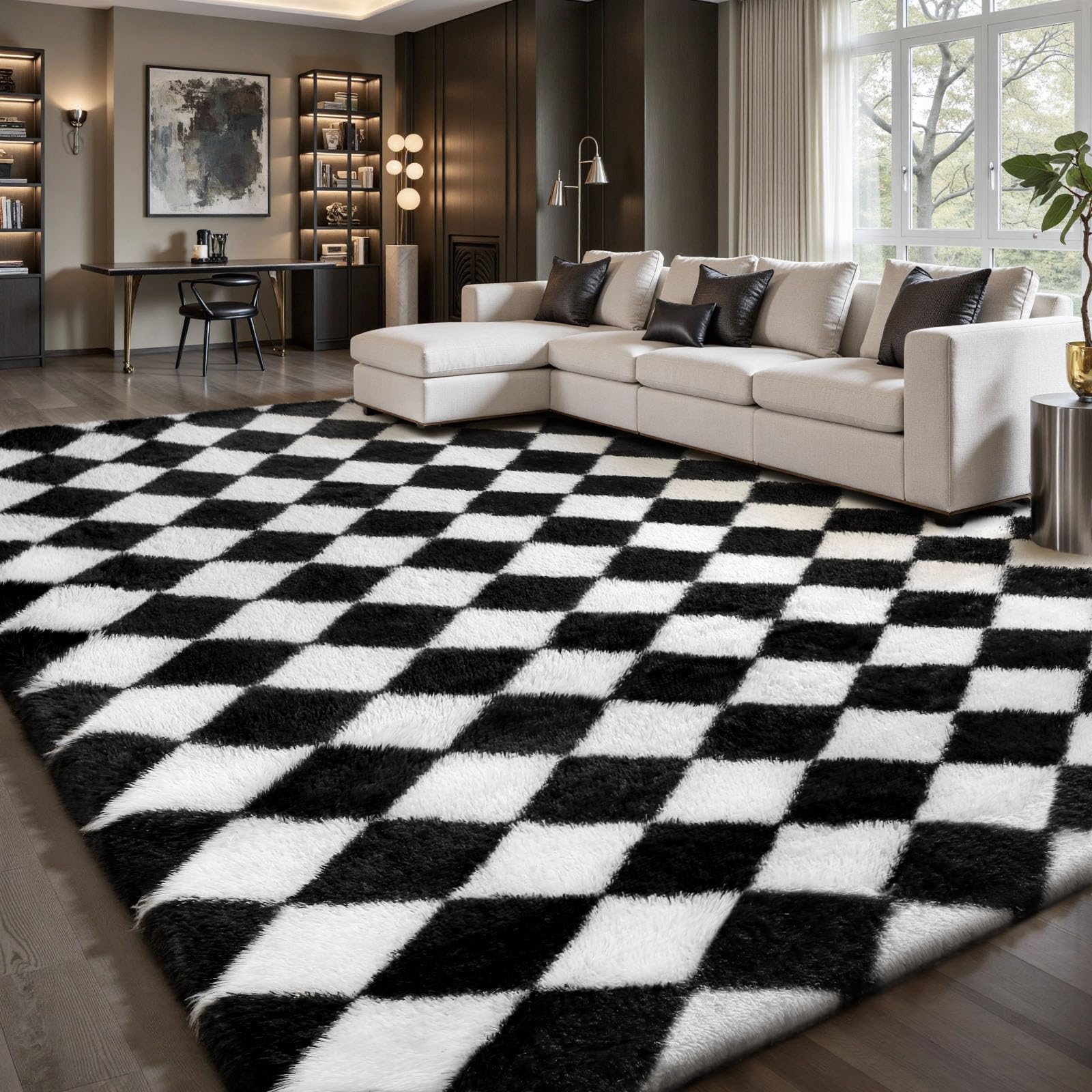 Sour Lemon Checkered Rug Living Room, 240x300cm Black and White Area Rugs for Bedroom, Non Slip Super Soft Fluffy Shaggy Rug, Extra Large Lounge Rugs for Kids Baby Room, Thick Pile, Non-Shedding