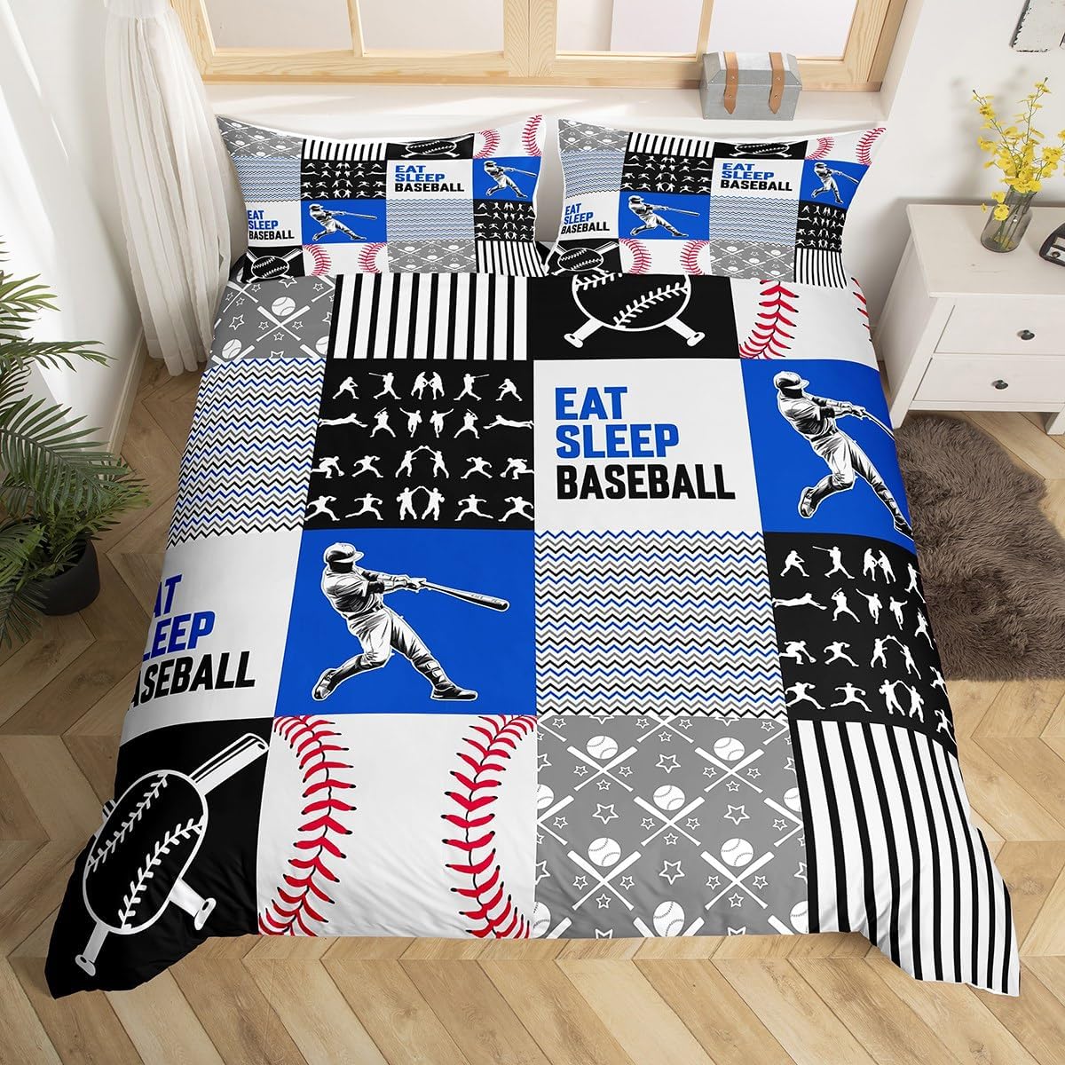 Erosebridal Baseball Duvet Cover Queen for Kids Teens, Boys Bedding Set, Bat Balls Comforter Cover Lightweight Soft, Sports Ball Game Bed Sets With 2 Pillowcases Zipper & Ties