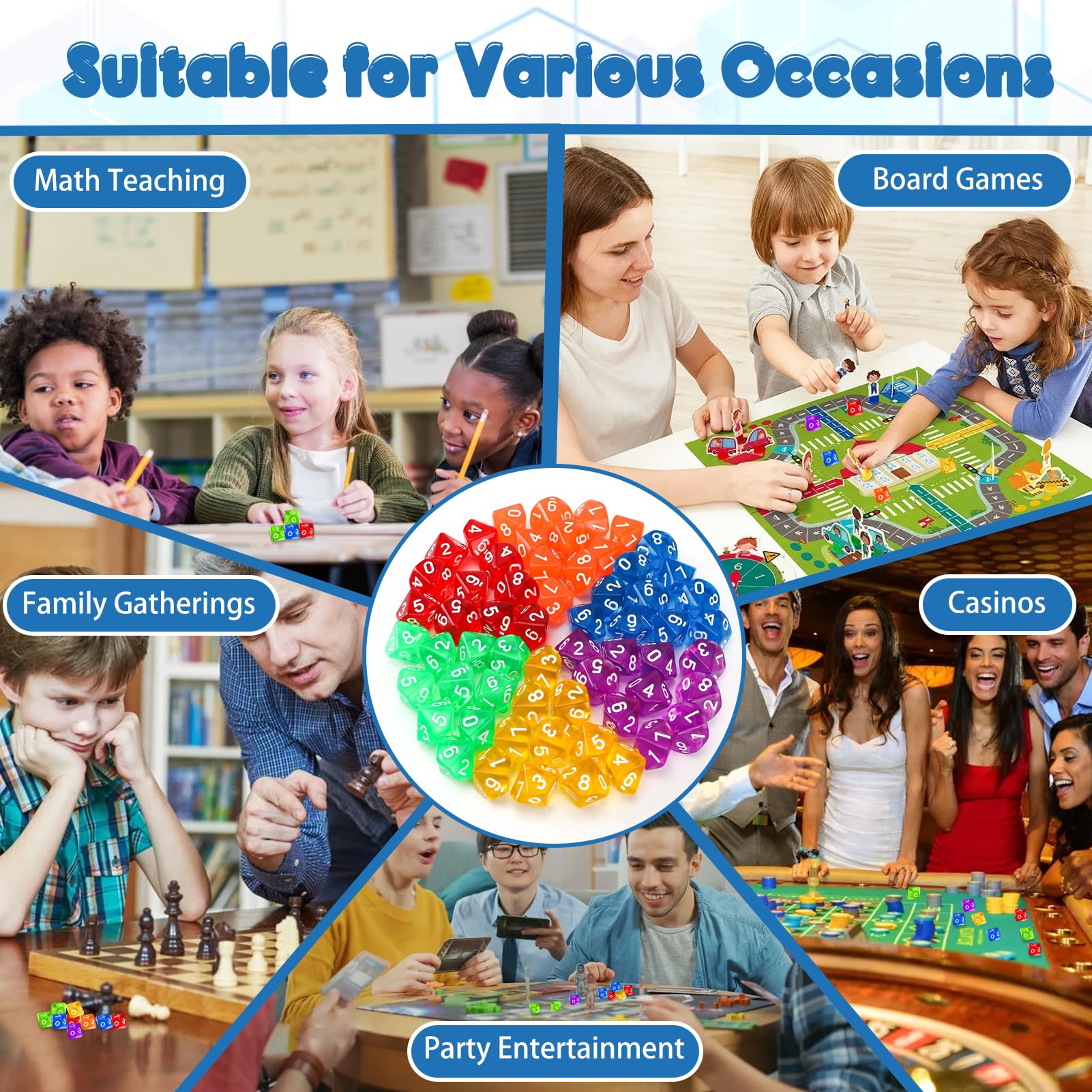 Lociban Polyedrische Würfel 60 Stück – 10-seitige Bunte D10-Würfel Aus Acryl, 6 Farben – Für DND, RPG, MTG & Tischspiele