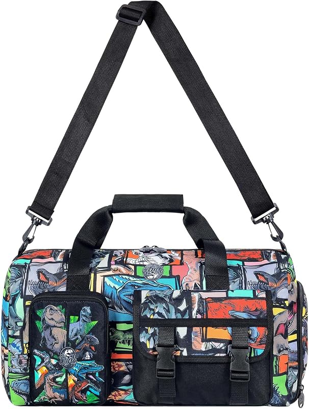Duffle Bag for Boys with Shoe Compartment - Dinosaur Print Sports Bag for Kids, Lightweight Travel Gym Overnight Weekender Bag (18x9x10 Inches)