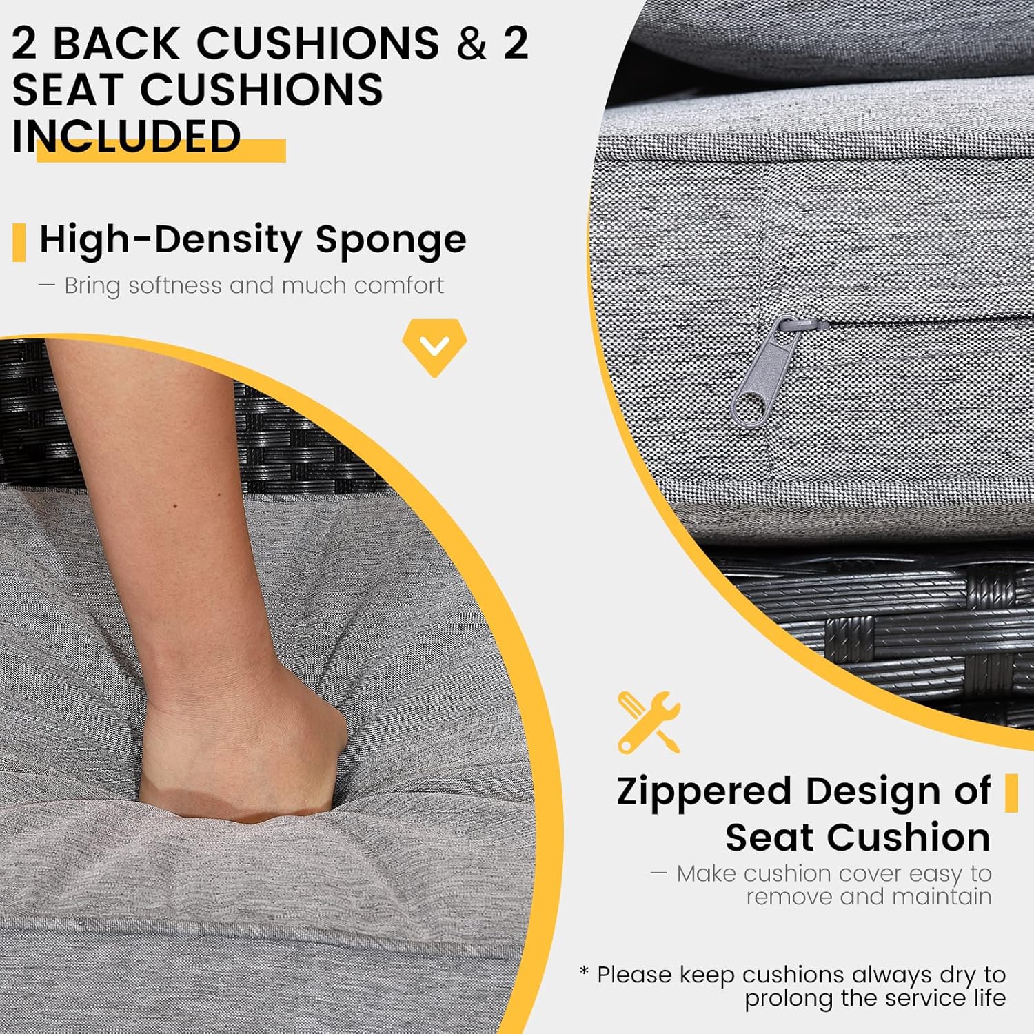 Costway 3 Piece Outdoor Wicker Sofa Set, Patio Rattan Conversation Set, Sturdy Tempered Glass Tabletop, Heavy-Duty Steel Structure, Weatherproof Wicker Set for Poolside, Backyard (Grey)