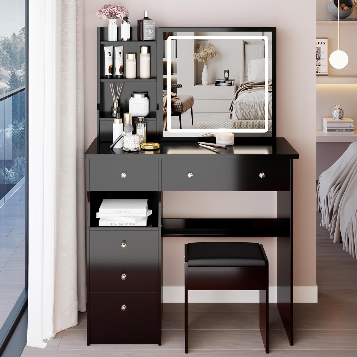 37" Vanity Desk with Mirror and Lights, Makeup Table with Led Lights and Sliding Mirror, 3 Lighting Colors, Vanity Set with 6 Drawers and Stool for Bedroom, Black