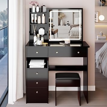 37" Vanity Desk with Mirror and Lights, Makeup Table with Led Lights and Sliding Mirror, 3 Lighting Colors, Vanity Set with 6 Drawers and Stool for Bedroom, Black