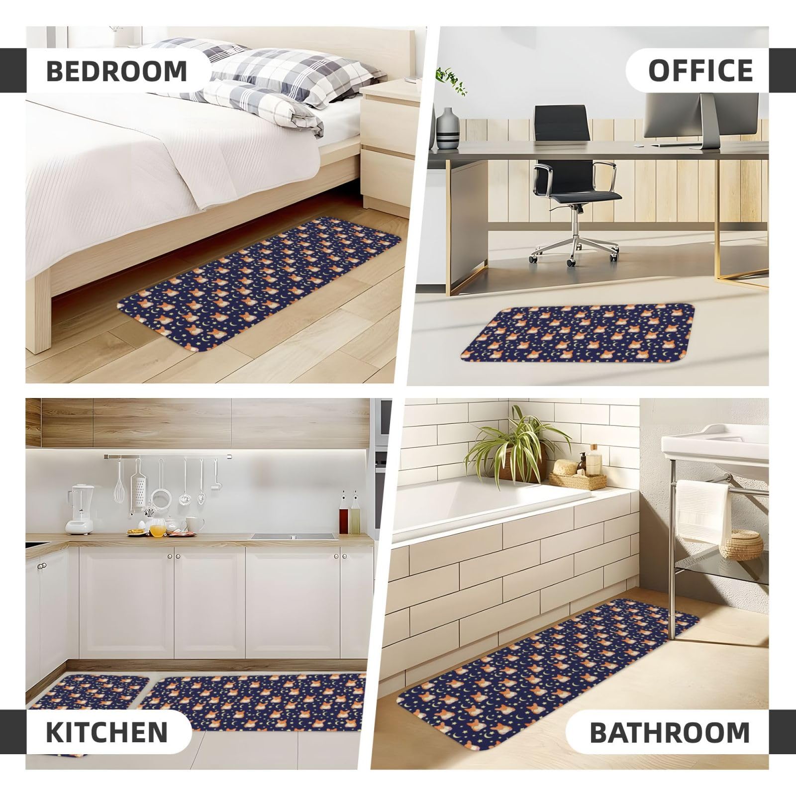 Corgi Küchenmatte mit Monden und Sternen liegend für Boden, Bauernhaus, Küchenteppich, 2er-Set, rutschfeste Küchen-Bodenmatte für Waschbecken, Wäsche, Büro, Zuhause, Schreibtisch, 43,2 x 129,2