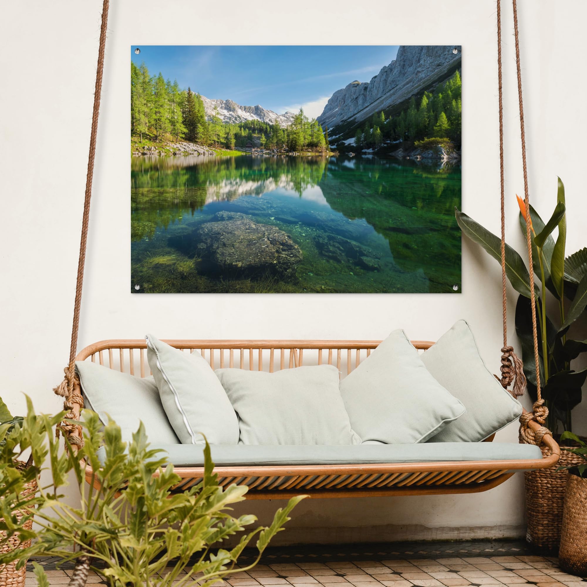 MuchoWow© Decoracion Jardin Exterior Decoración Pared Póster De Jardín | 120x90 cm - Balcón Wall Decoration Patio Posters Decorativos Terraza Agua - Montañas - Rocas