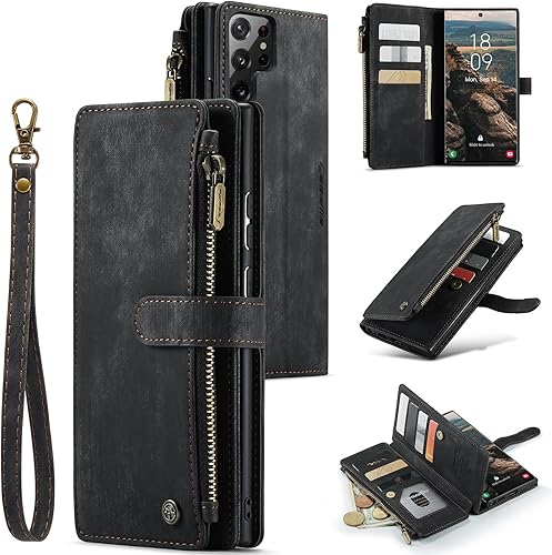 UEEBAI Funda tipo cartera para Samsung Galaxy S22 Ultra 5G, hecha a mano de piel sintética de alta calidad, ranuras para tarjetas, cierre magnético,