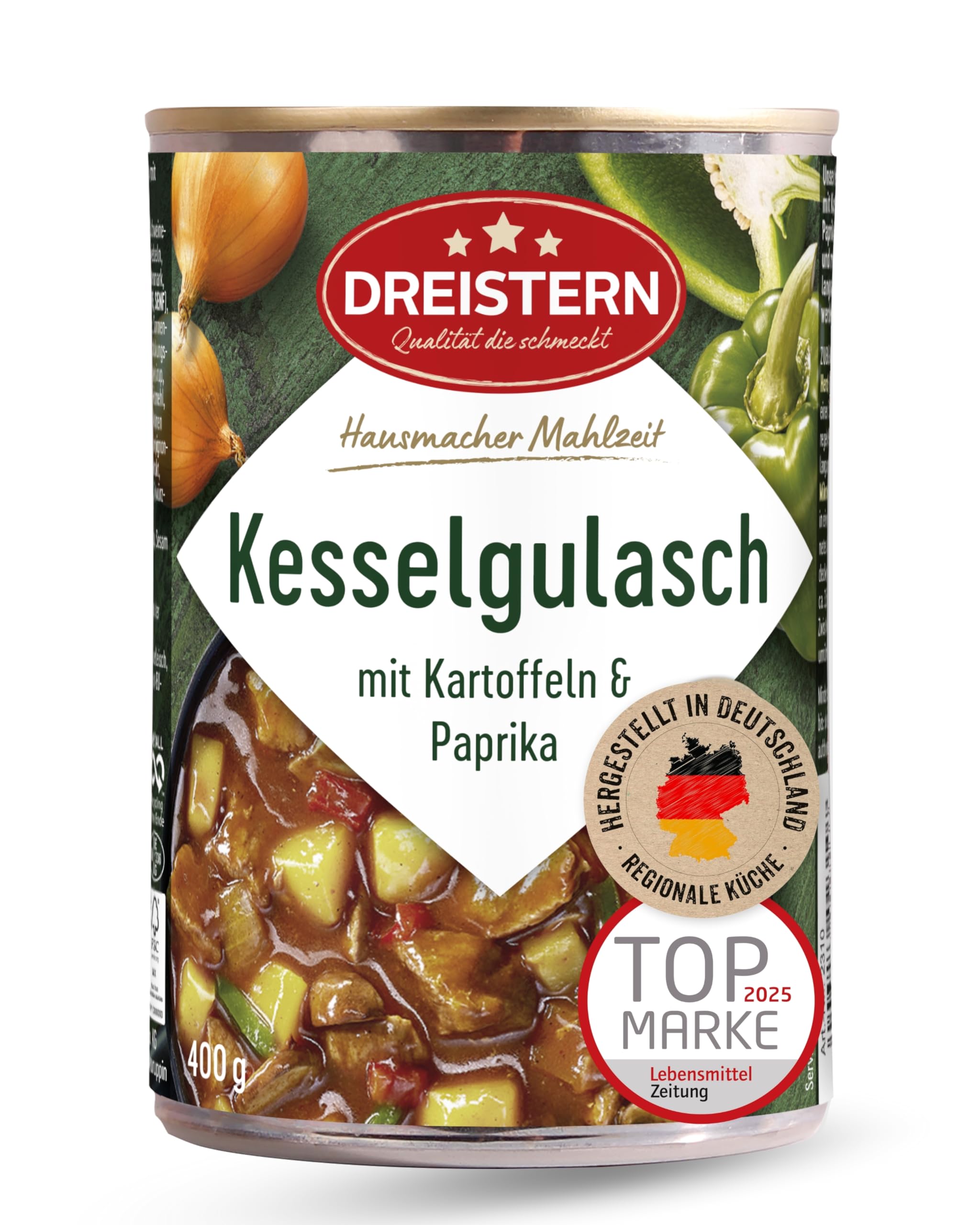 DREISTERN Kesselgulasch 400g I Mit Kartoffeln & Paprika I Herzhaftes Fertiggericht in recyclebarer Konservendose I Lange Haltbarkeit dank natürlicher Konservierung I Hausmacher Qualität