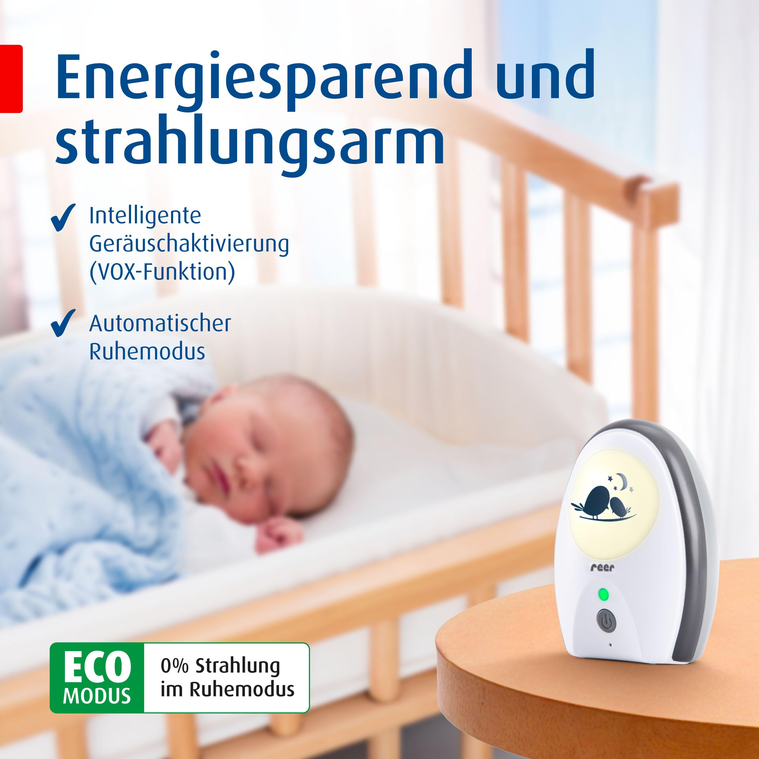 reer Rigi Digital Babyphone | 300 m Reichweite | Mit Nachtlicht und Gegensprechfunktion | VOX-Funktion | FHSS-Technologie | Akku- oder Netzbetrieb | Qualität vom Erfinder