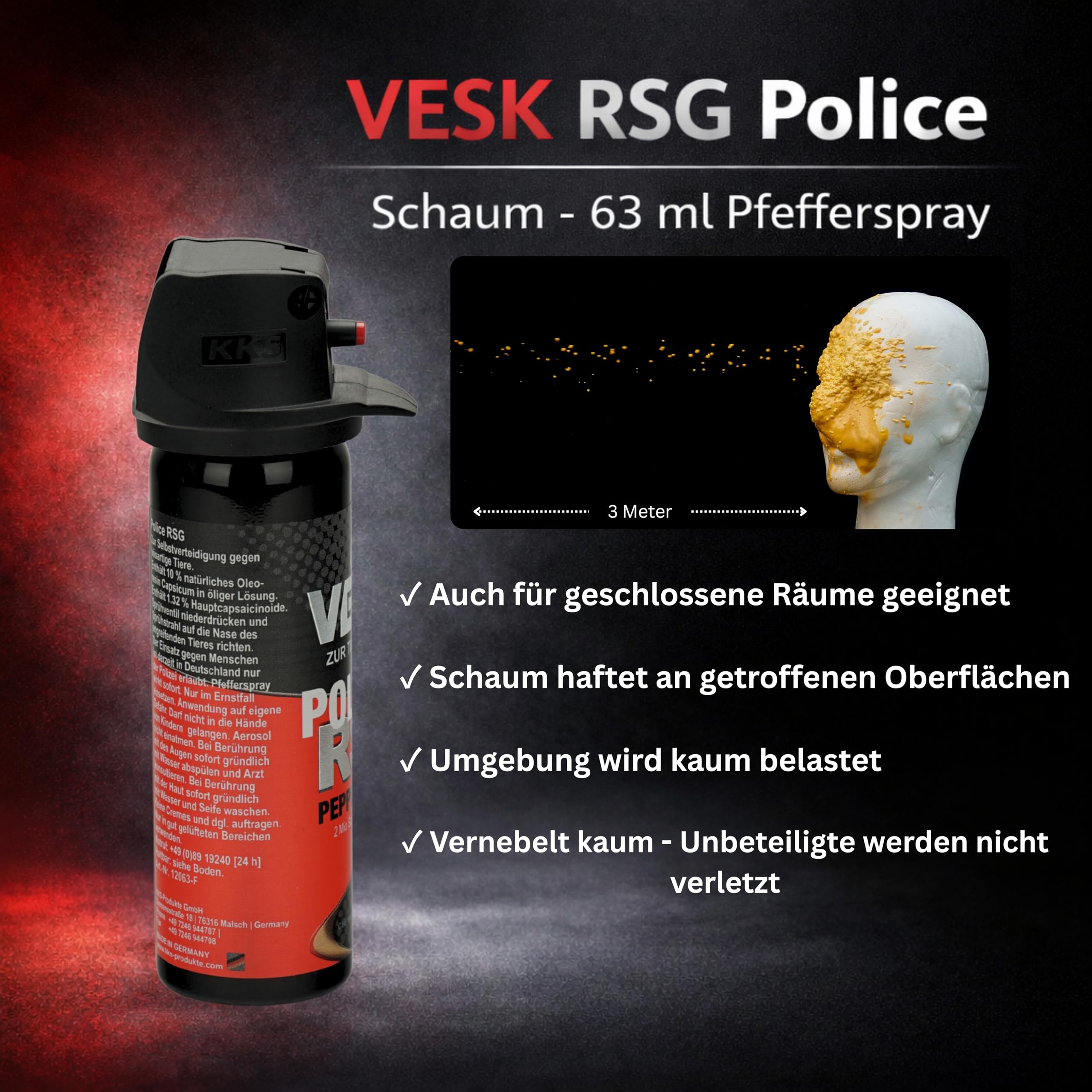 Pfefferspray Pfefferschaum VESK Police RSG Foam Schaum 63 ml Sprühkopf mit Federdeckelkappe Tierabwehrspray zur Selbstverteidigung
