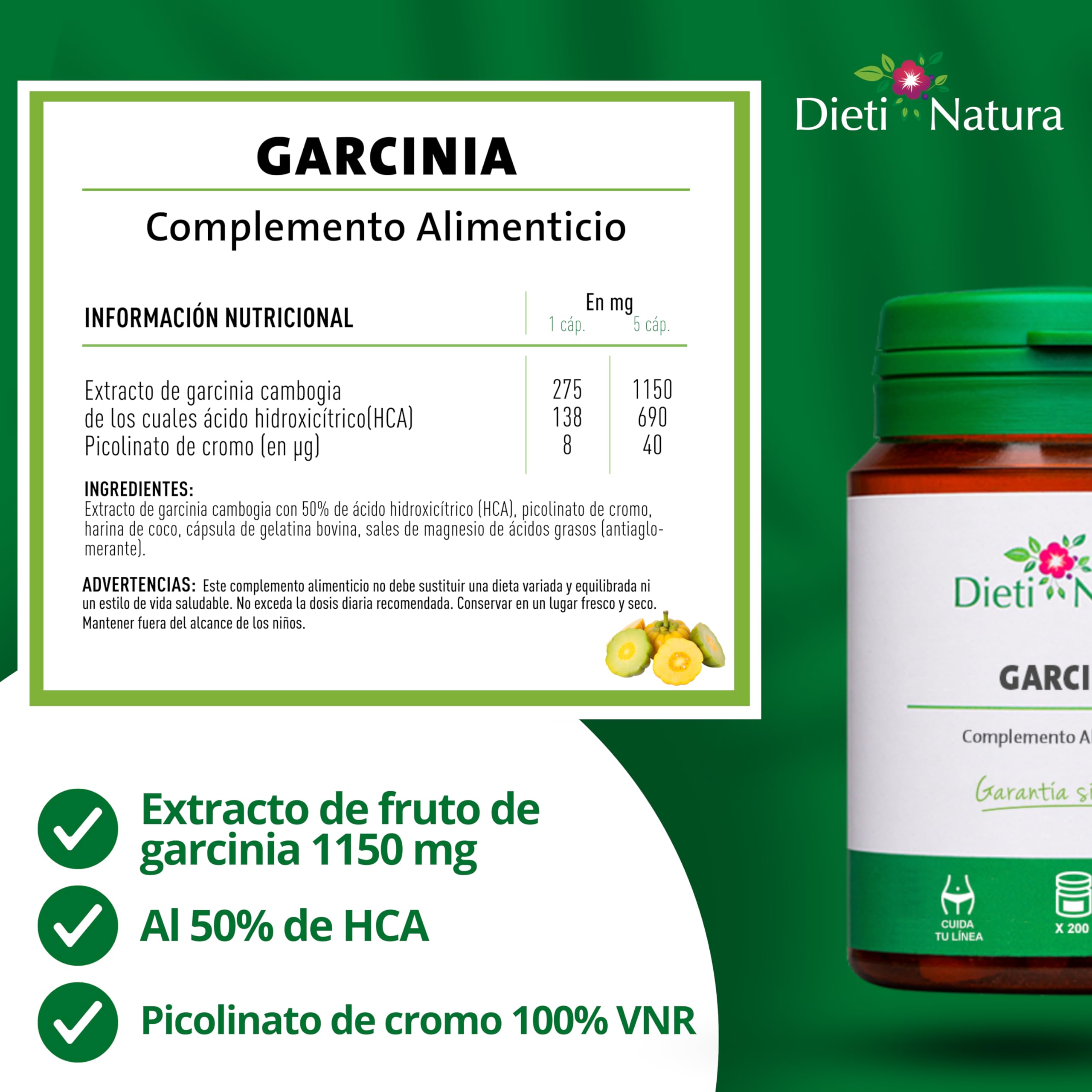 Dieti Natura Garcinia 200 Cápsulas (Pack de 2) - Garcinia Rica en Ácido Hidroxicítrico Esencial para Regular el Apetito y Controlar el Peso - Fabricado en Francia, Garantía sin OGM