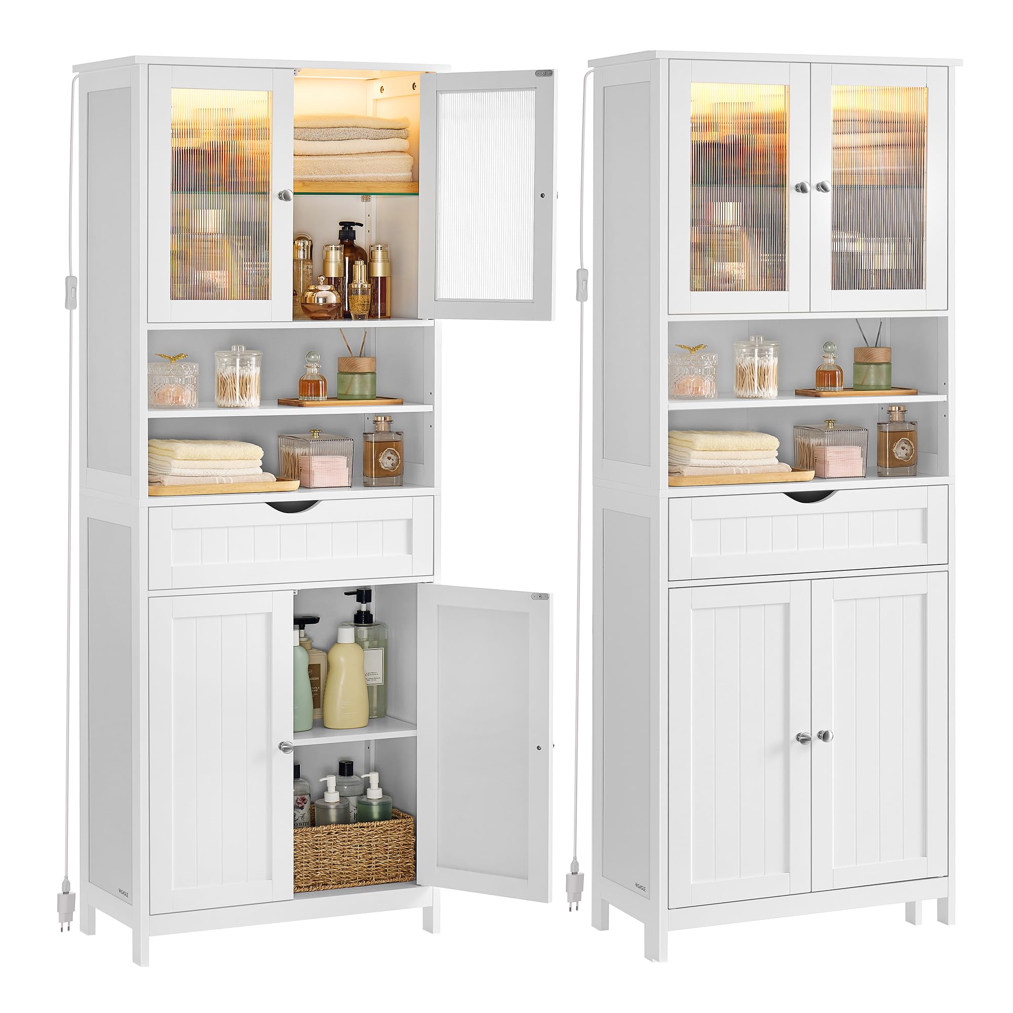VASAGLE Armario de Almacenamiento con Iluminación, Armario de Baño, con Estantes Ajustables, Cajón, Compartimentos Abiertos, para Baño, Sala de Estar, Comedor, Blanco Nube BBC767W03