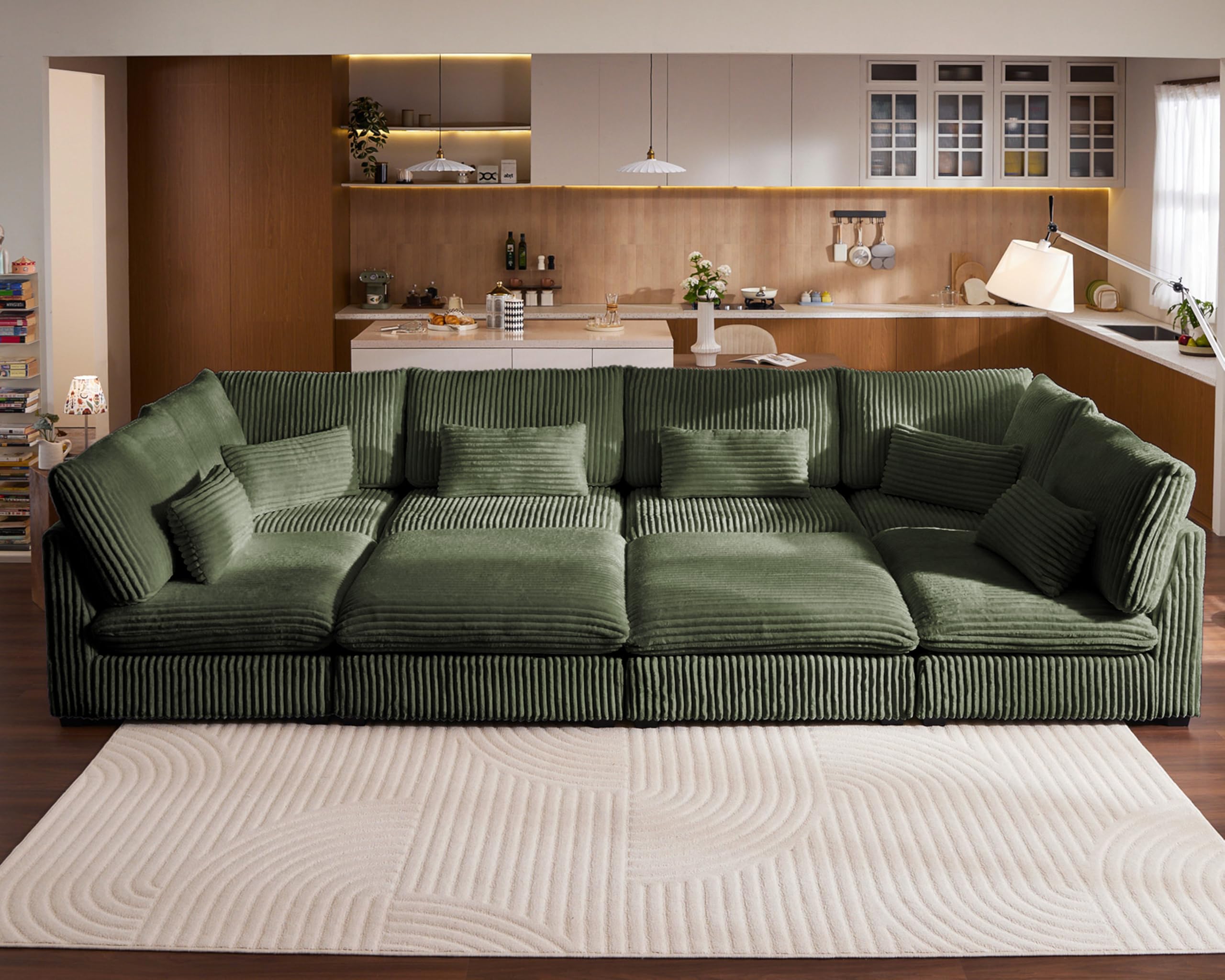 Oversized Modular Sofa, Extra Deep Cloud Corduroy Sectional Couch with Ottoman Chaise, Fluffy Chenille 8 Seater Couch Bed for Living Room, Villa (Sofa