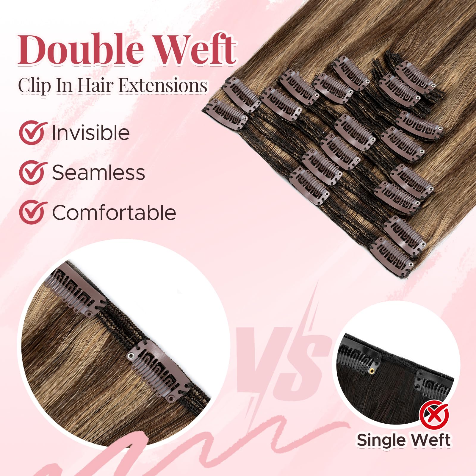 MY-LADY Extensiones Pelo Natural Clip 8 Piezas 35cm Extensiones de Cabello Clip Natural con Doble Costura para Volumen Completo Mujeres(#4P27 Brun Moyen/Blond Foncé, 120g)